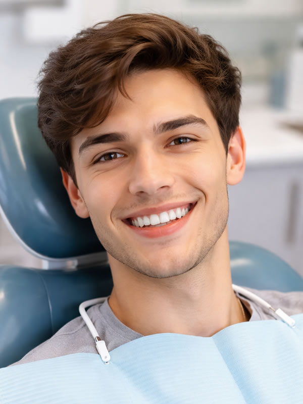 Trattamenti dentista Piacenza: giovane sorride sulla poltrona. Igiene orale e cura dentale.